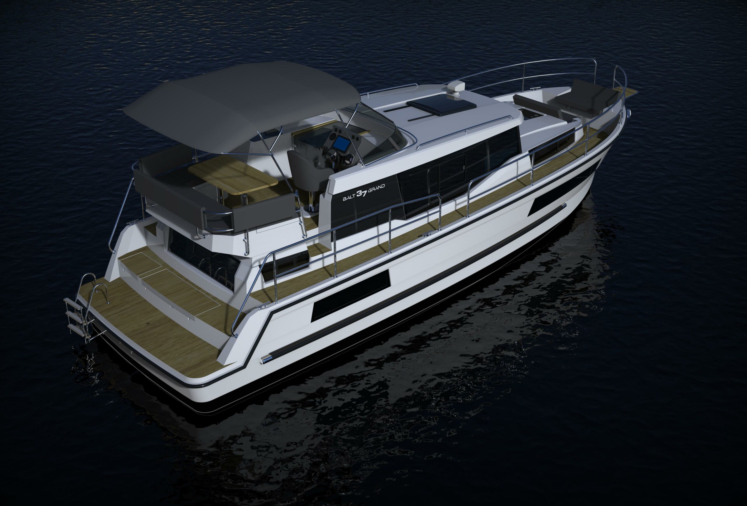 Balt 37 Grand Motoryacht auf dem Wasser mit Teakdeck und Außensteuerstand